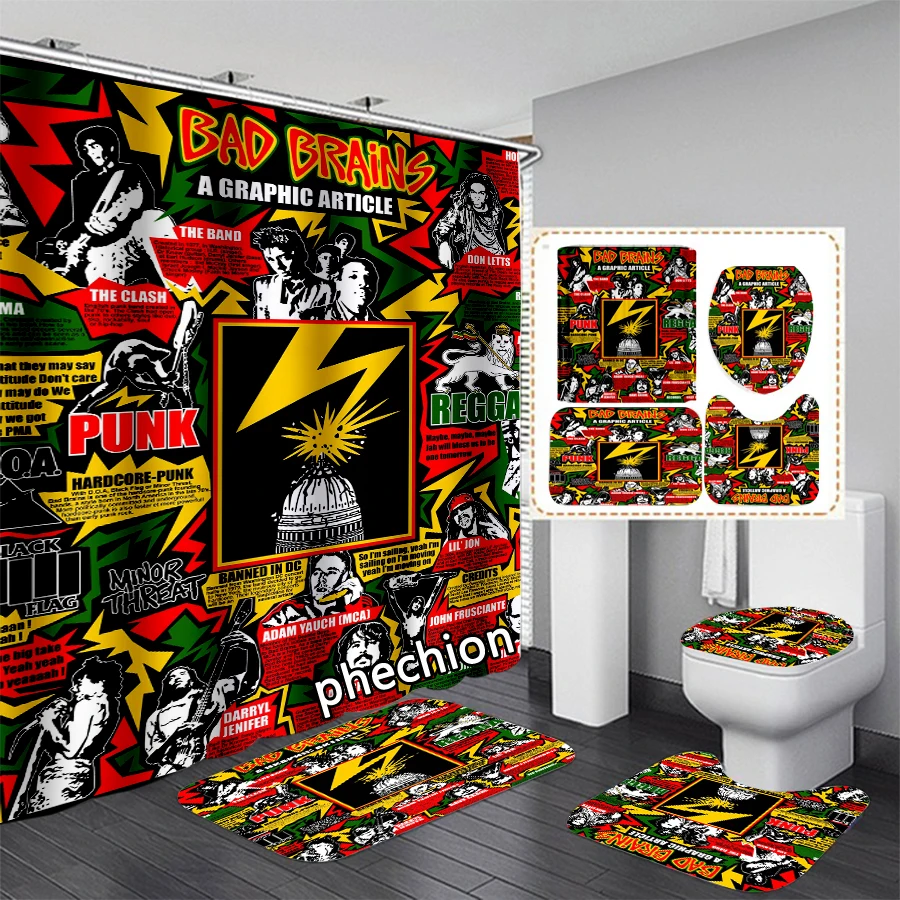 phechion Bad Brains 3D Print Shower Curtain Waterproof Bathroom Curtain Anti-slip Bath Mat Set Toilet Rugs VR334