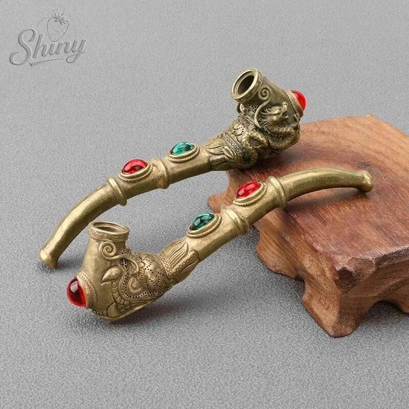 Vintage White Copper Inlaid Agate Smoking Pipe Creative Dragon Head Design Durable Metal Smoking Pipe