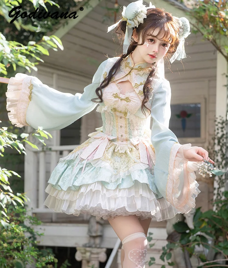 

Original Chinese Style Lolita Song-Promotion Costume Sweet Girl Women's Flare Sleeve Small Cape Big Bow Lace JSK Dresses