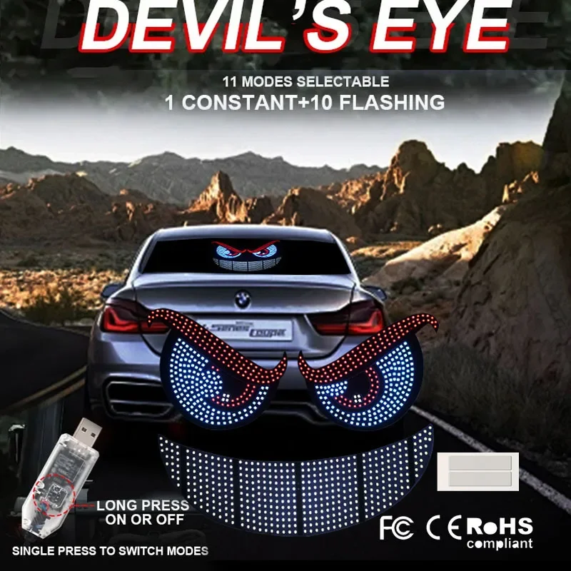 2Pcs Car LED Devil Eye Decorative Light Rear Warning Light Red Dynamic Demon Eyes Atmosphere Light Auto Decoration Accessories