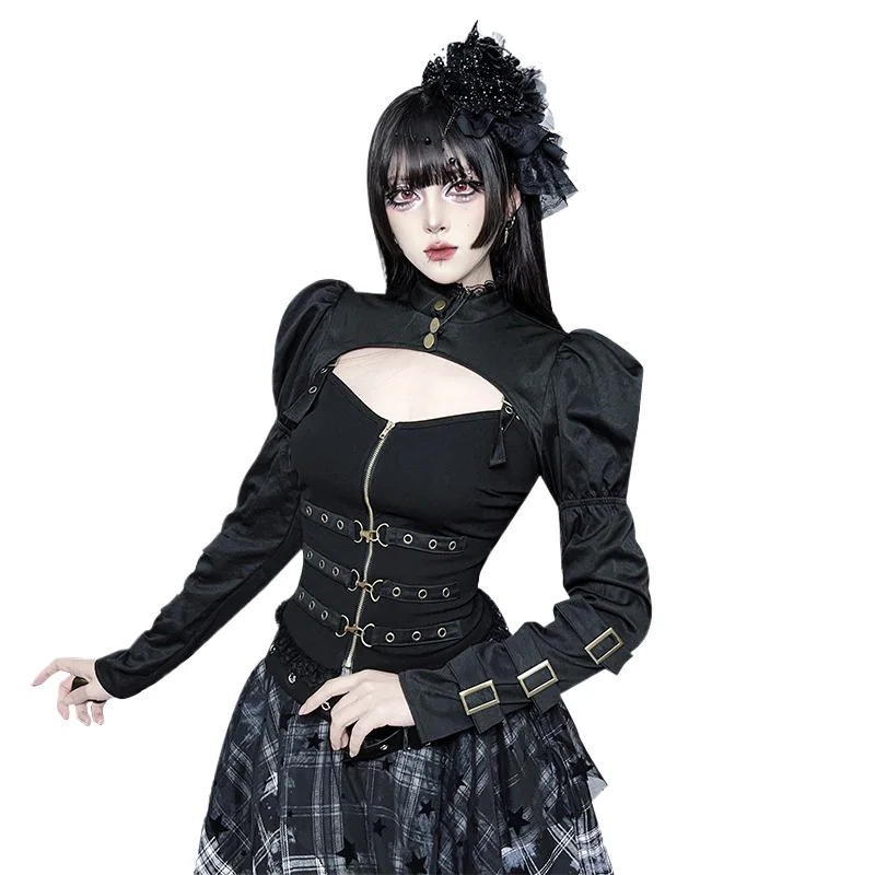 بلوزة كاميس على طراز فاسق للنساء Y2K مول ملابس قوطية هيب هوب مثيرة بدون ظهر وأكمام منتفخة معاطف علوية مقصوصة