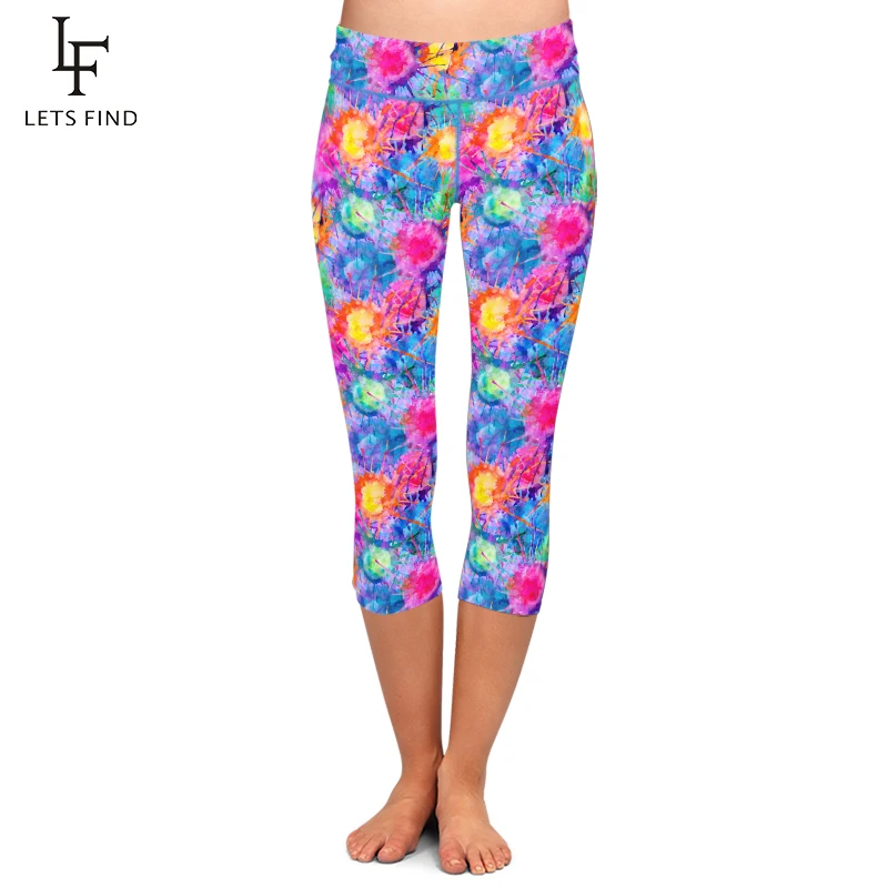 LETSFIND Super Soft High Waist Leggings Oil Painting Pattern Digital Print Leggings Mid-Calf Stretch Pants