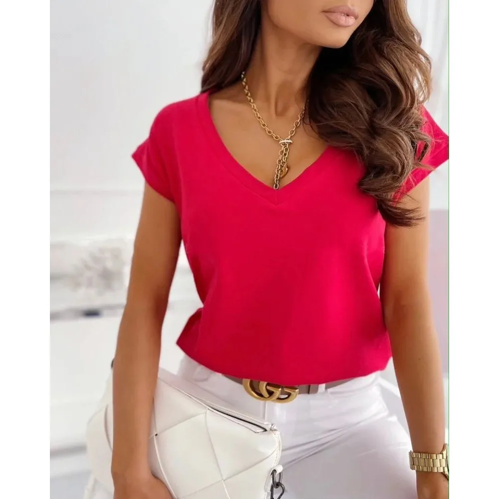 Damen Sexy V-Ne T-Shirt ort Sve Atmungsaktiv Einfach Cleanfit Damen Faion Leinen Material A-Linie Sve Anderes Material