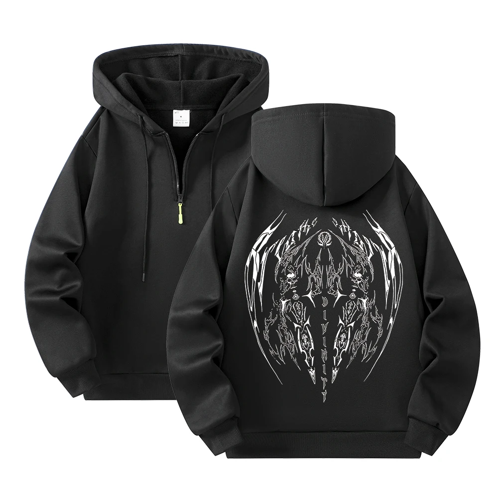 Moletom preto com capuz e meio zíper com estampa de diabo alado estilo de rua hip-hop solto e casual outono/inverno pulôver masculino