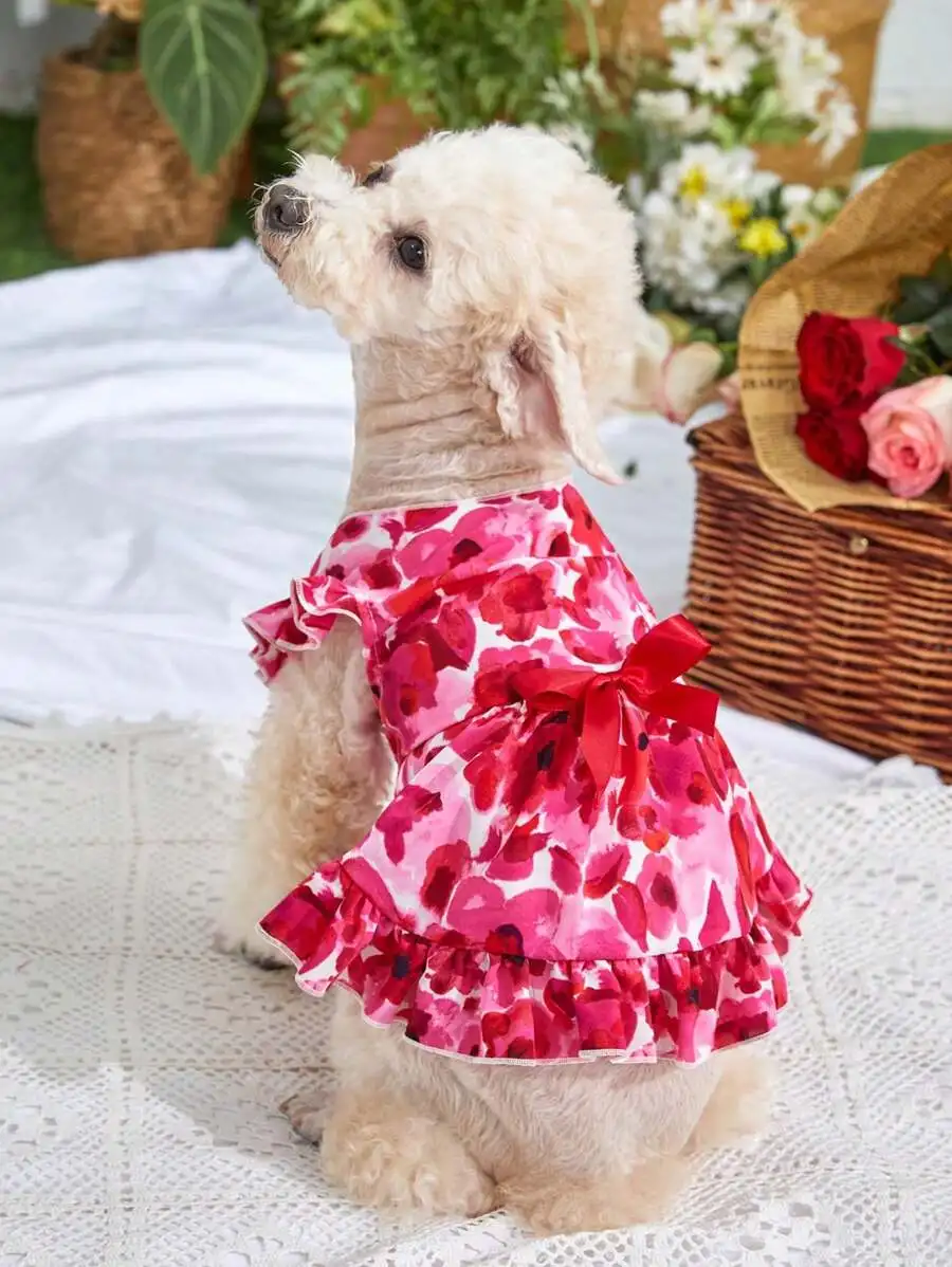 1pc Floral Print Bow Decor Pet Dress - Lightweight And Breezy For Spring, Summer, And Early Autumn; Perfect For Daily
