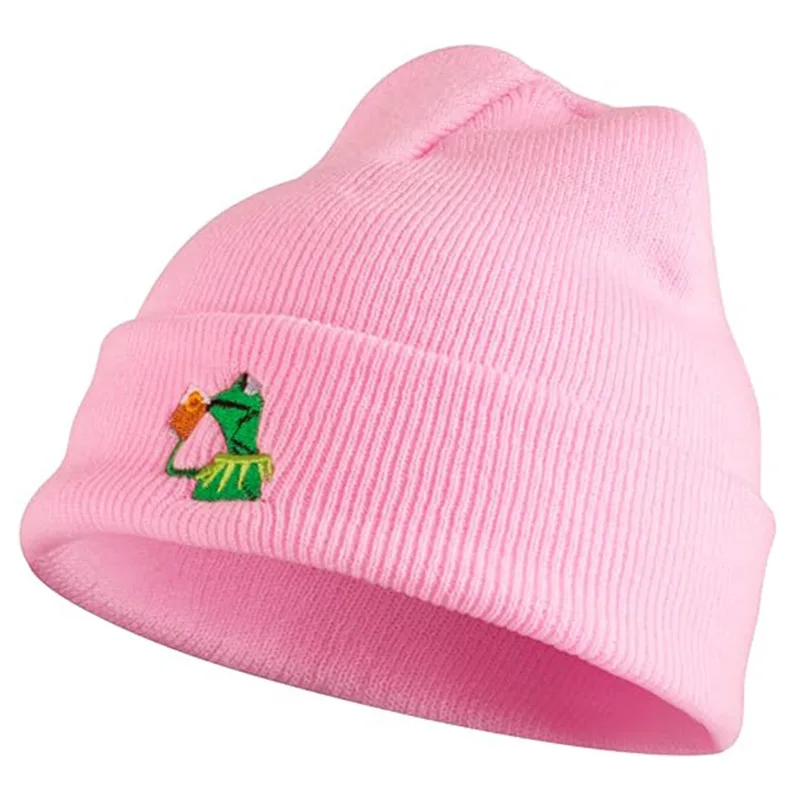 Winter Kermit The Frog Sipping Tea Beanie Warm Soft Oversized Thick Cable Knitted Hat Unisex Cuffed Skull Knit Caps