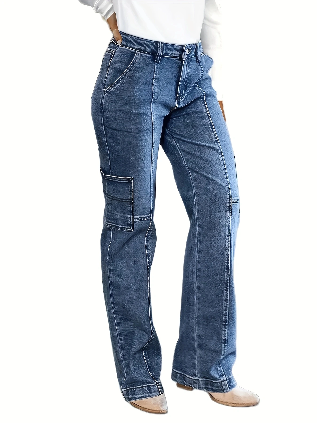 

Women's mid to high waisted structural line cutting, large pocket design, straight slim fit snowflake jeans