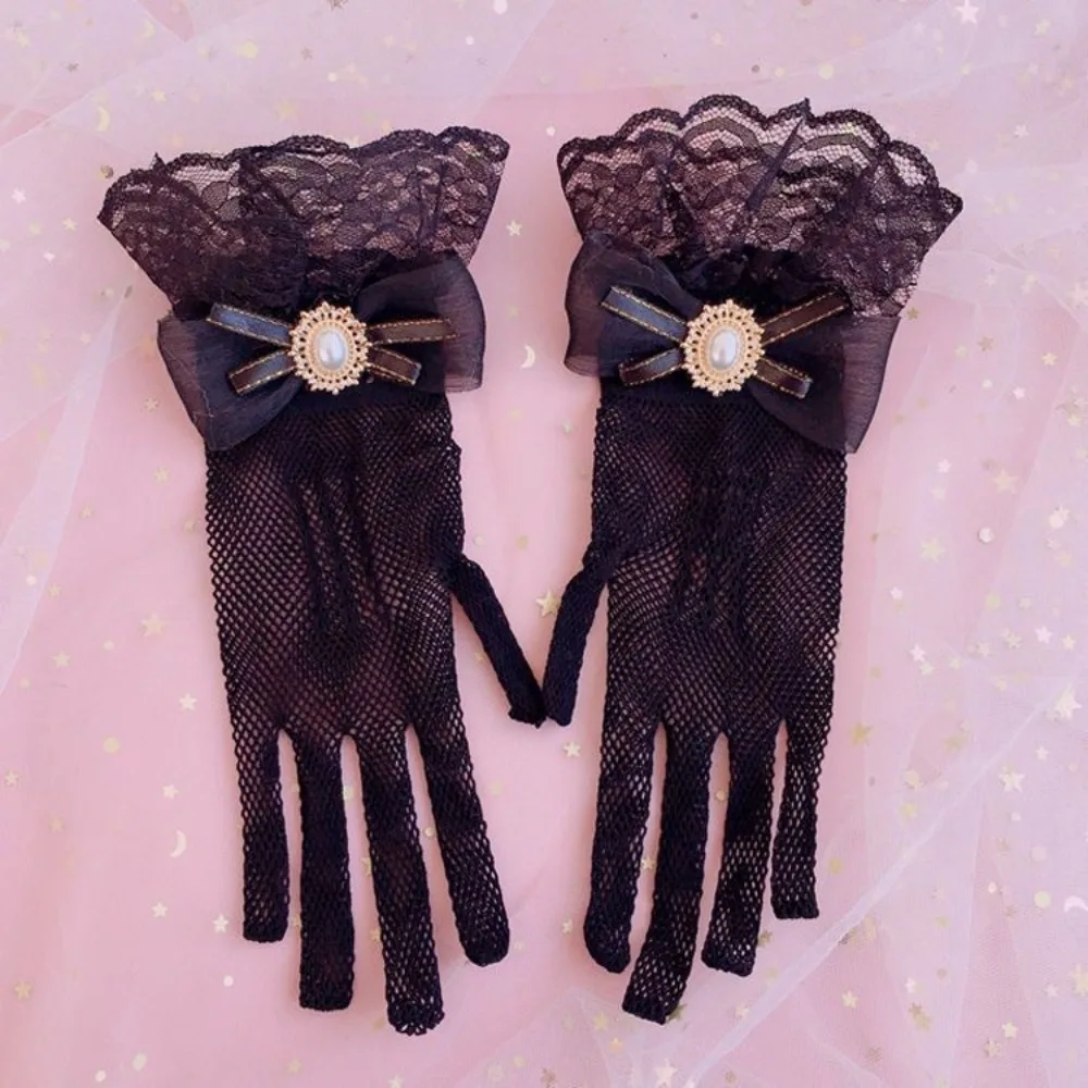 Gothic Black White Lace Gloves Soft Elastic Flower Pattern Mesh Gloves Ruffle Edge Bow Hollow Out Gloves Cosplay Event