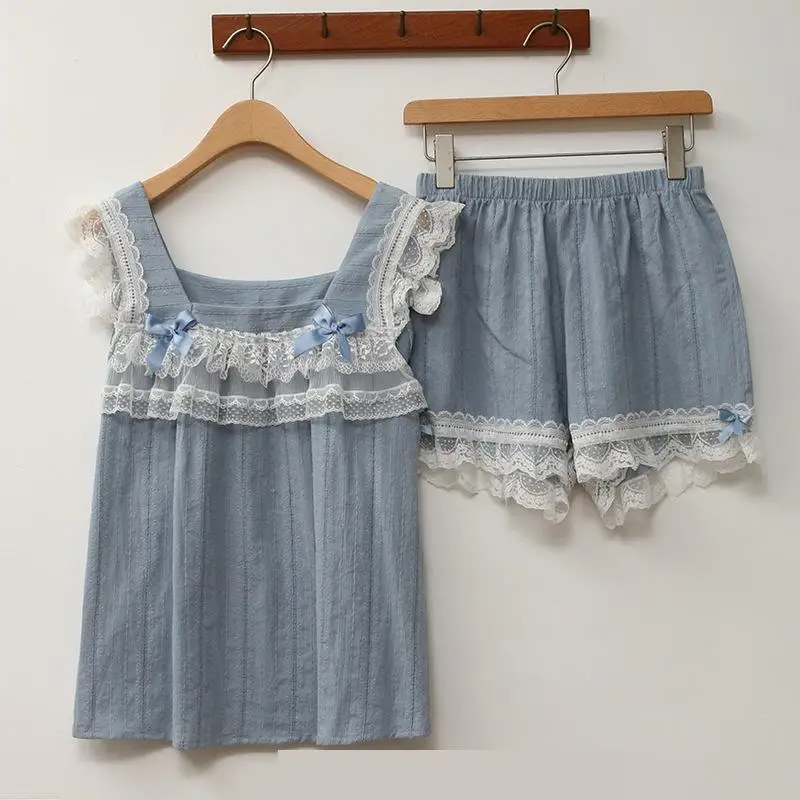 

Summer Women Sleeveless Cotton Pajamas Lady Two Piece Set Sleepwear Female Loose Casual Bow Sweet Nightwear Homewear