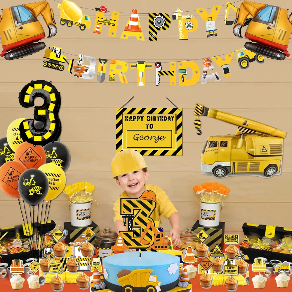 Engineering Vehicle Party Decorations Tableware Plate Cup Dump Truck Foil Balloons Banner Kids Boys Construction Birthday Favors