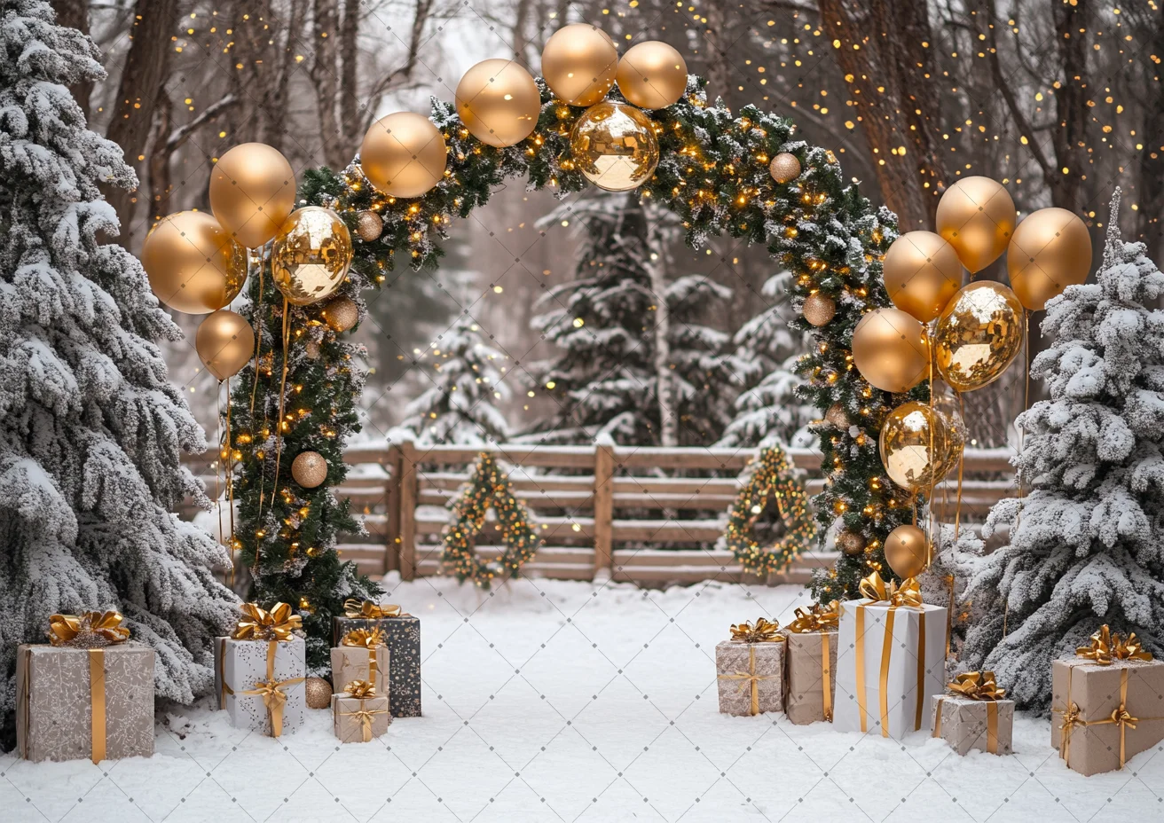 Christmas Backdrop for Photography Snow Golden Balloon Arch Wreath Tree Wooden Door Fence Photo Studio Background Photozone