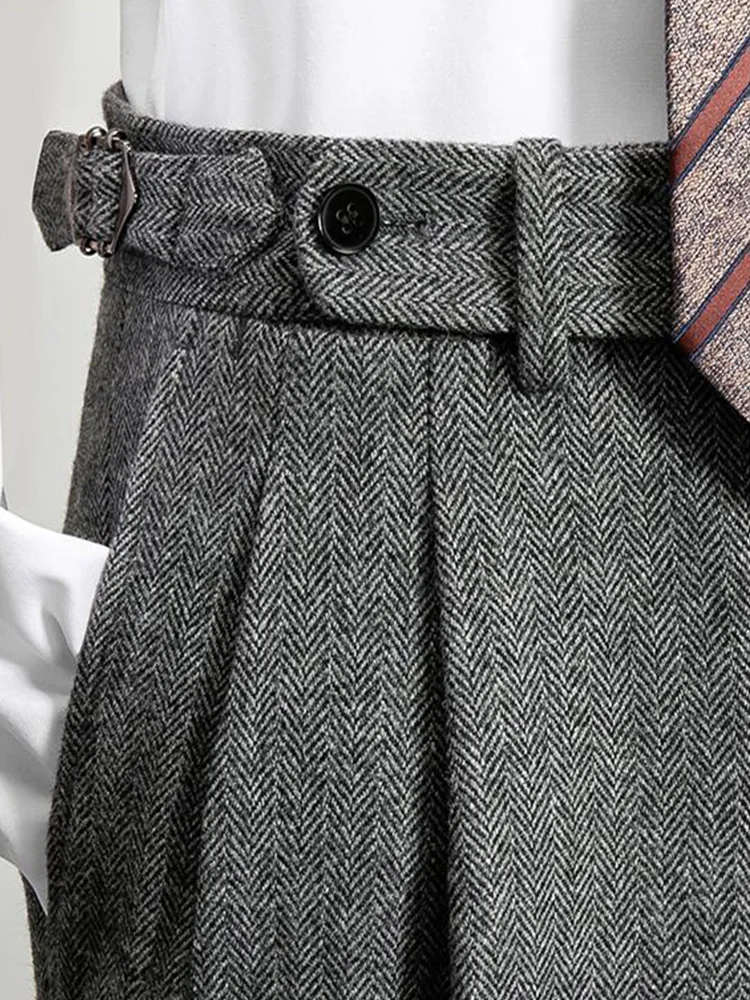 Pantaloni casual da uomo in tweed grosso con motivo a lisca di pesce sottile autunno e inverno, pantaloni larghi a gamba dritta a doppia pieghe a vita alta