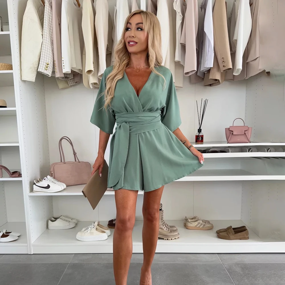 

Summer One Pieces Playsuit Woman 2025 Fashion V-Neck Half Sleeve Romper Clothing Outfits Jumpsuits Elegant