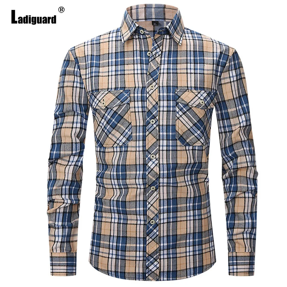 2025 American and European Style Fashion Plaid Shirt Blouse Office Men Long-sleeved Elegant Costume Top Camisa Mens Clothing New