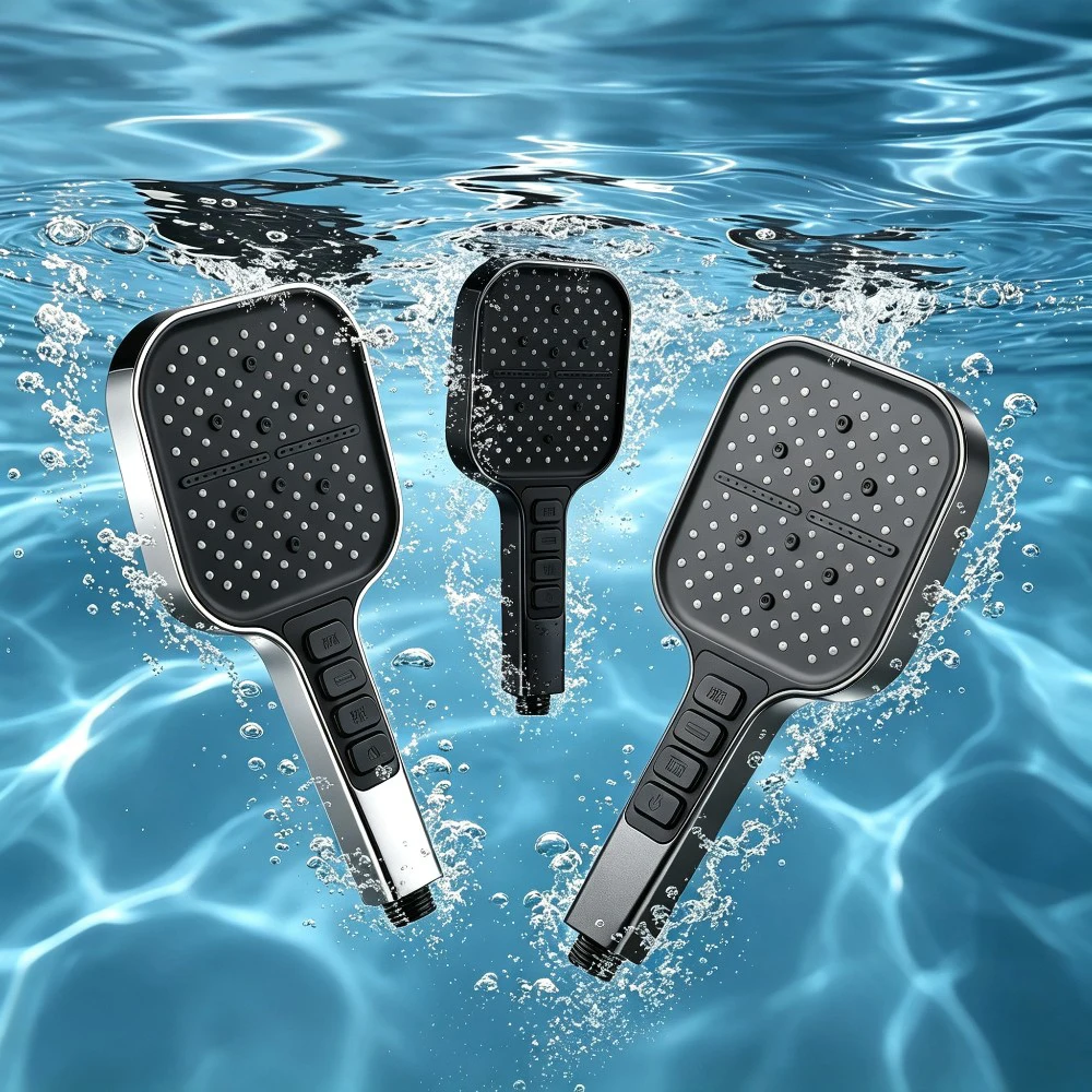 Matte Black Square Handheld Shower Head with 7 Spray Modes One-Button Stop High Pressure Boost Anti-Block for Home Shower