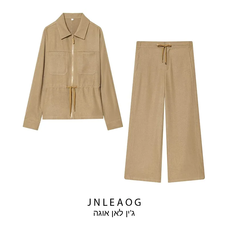 

JNLEAOG Women's Casual Wide Leg Pants with Pocket Decorated Outerwear Adjustable Waist Autumn Fashion Set Long Sleeve