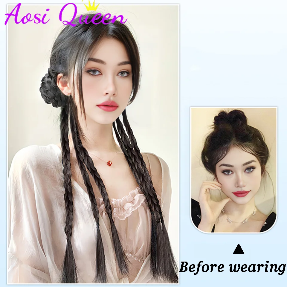 AOSI  Synthetic Wig Braid New Chinese Double Ponytail Twist Boxing Braid Wig Claw Clip Ponytail Wig