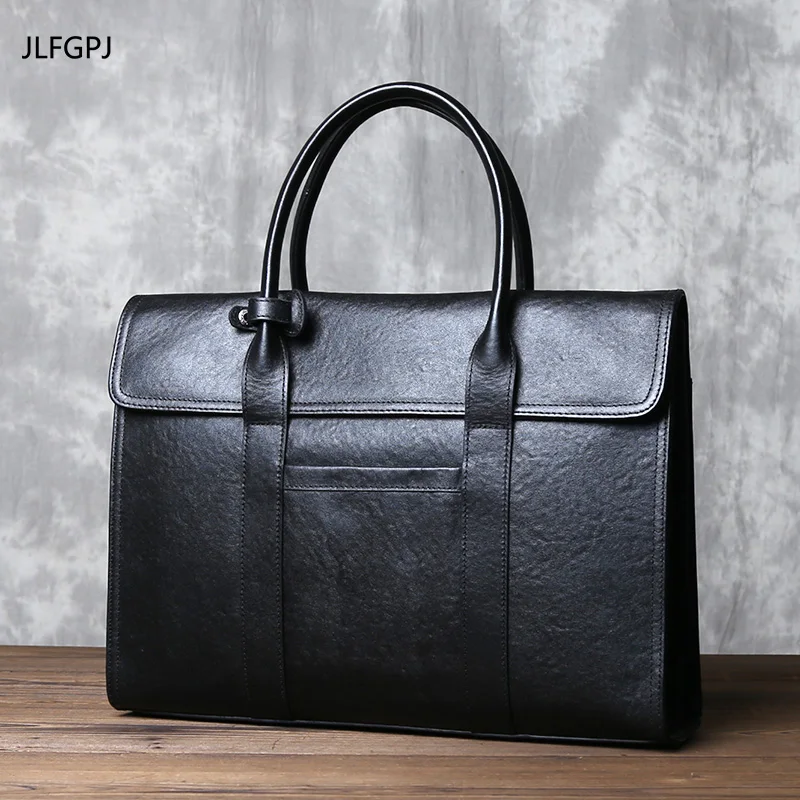 Sac à main d'ordinateur en cuir véritable pour hommes, tannage végétal, couche de tête en cuir de vachette, style horizontal, affaires, étui à bombes à la mode