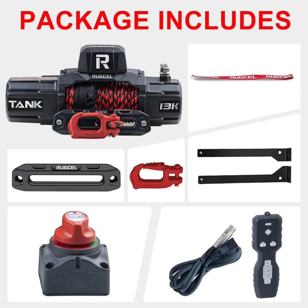 RUGCEL WINCH 13500lb Waterproof Electric Synthetic Rope Winch 12V with Hawse Fairlead, 2 in 1 Wireless Remote