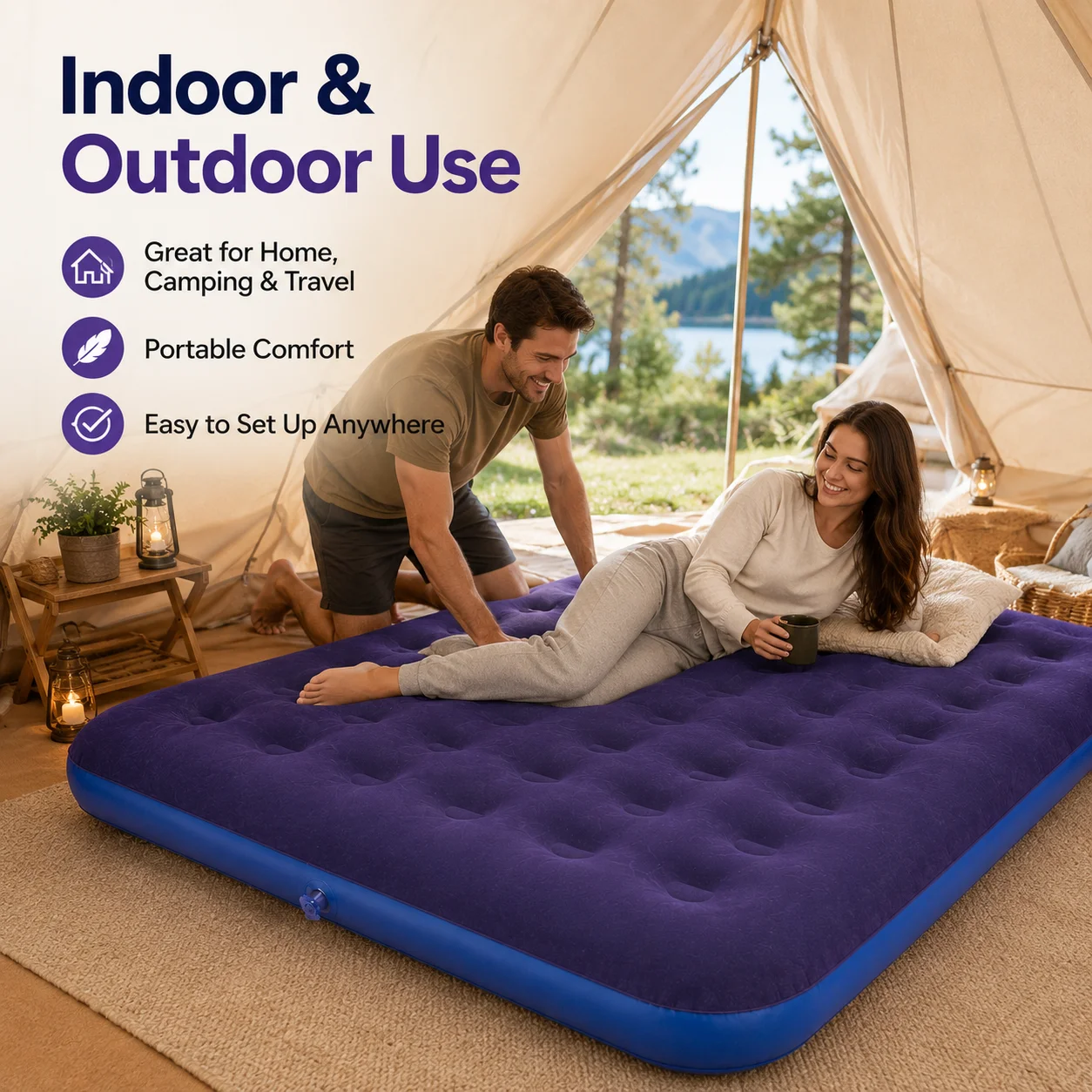 1PC Inflatable Air Mattress Air Bed, Quick Inflation Valve, Flocked Surface Thick Durable Portable Travel Camping Guest Bed