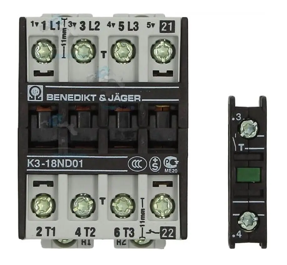 

CONTACTOR BENEDIKT JAGER K3-18ND01 18A 3 x NO 1 x NC + AUXILLARY BLOCK 230v COIL