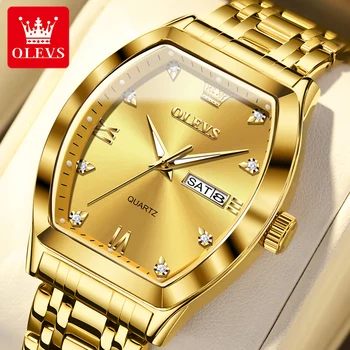 OLEVS 5528 gold Quartz watch for men Tonneau dial luxury diamond stainless steel band waterproof luminous top brand wristwatch