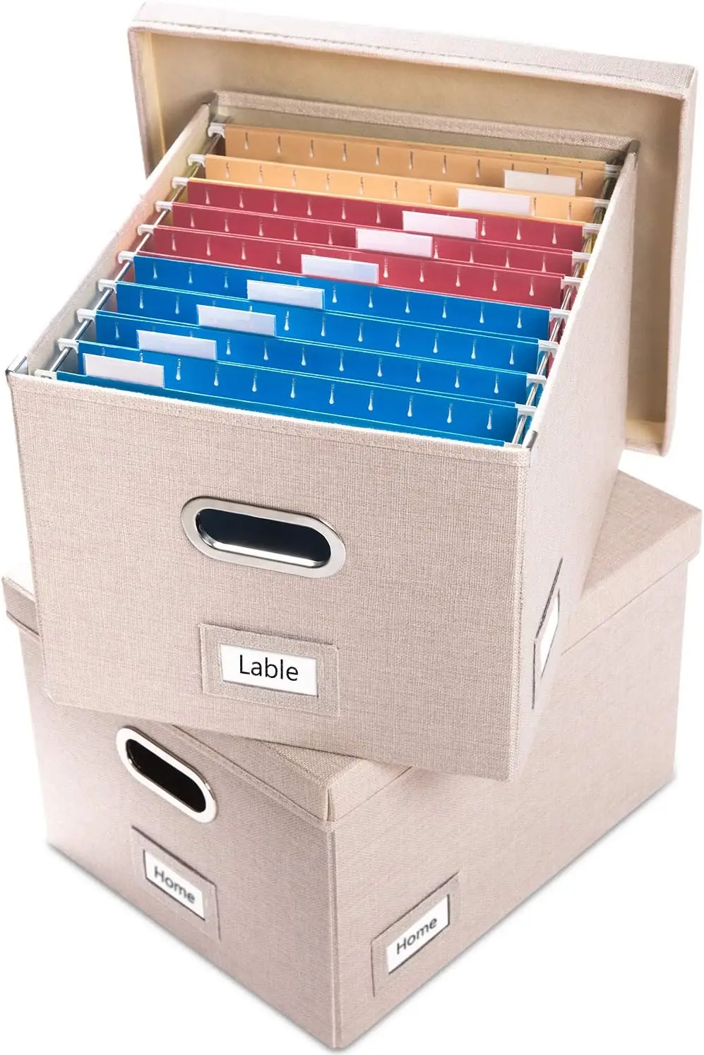

File Organizer Box - Set of 2 Collapsible Decorative Linen Filing Storage Hanging File Folders Lids Light Grey (17x14x11.2 inch)