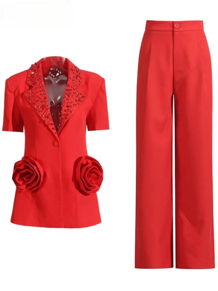 

HighQuality Stylish Red With Embellished Collar And Floral Chic Women Short Sleeve Blazer And Wide Leg Pants Set Fashionable New