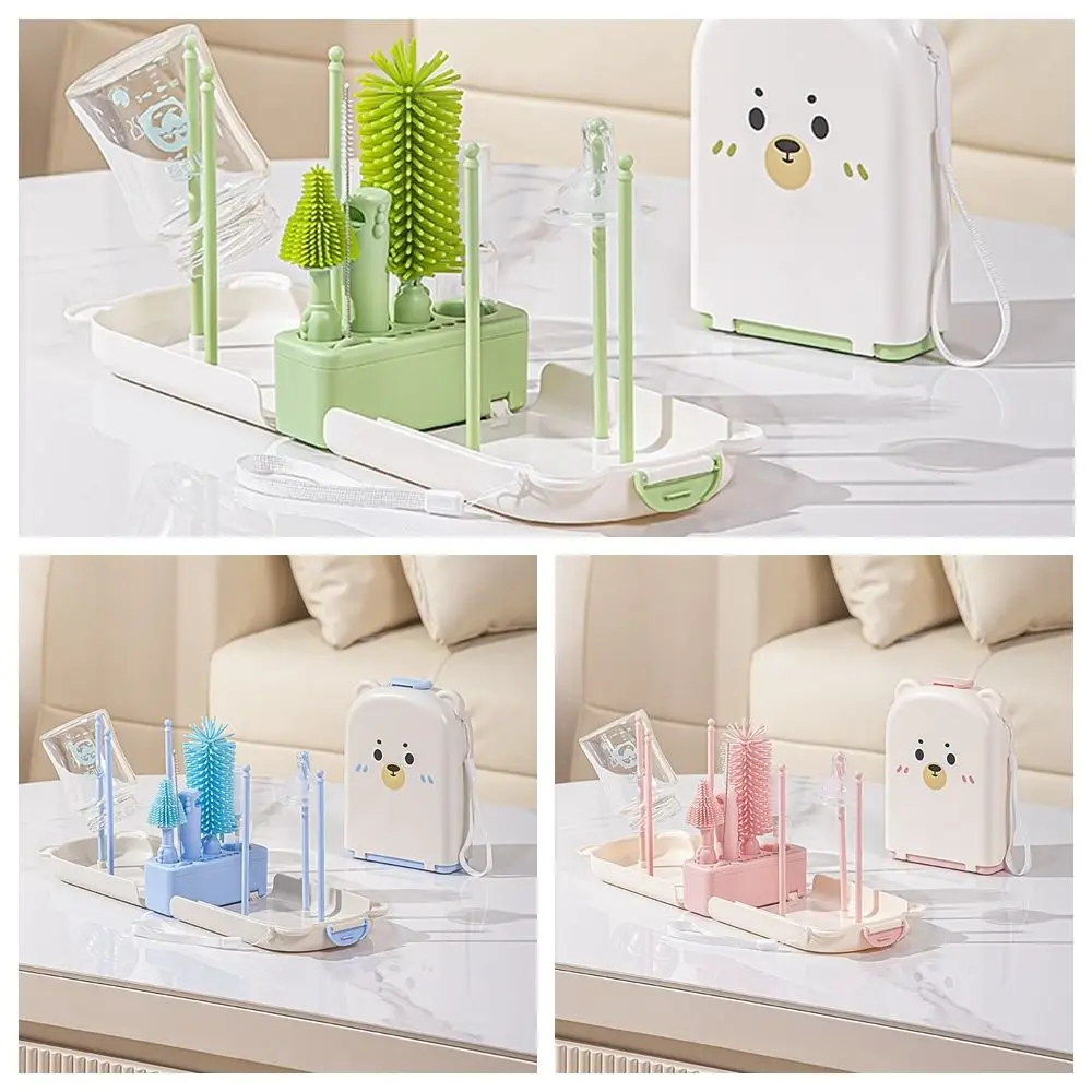 Práctico juego de cepillos para biberones con soporte, juego de herramientas de lavado con mango largo, limpiador de botellas de agua con rotación de 360 grados