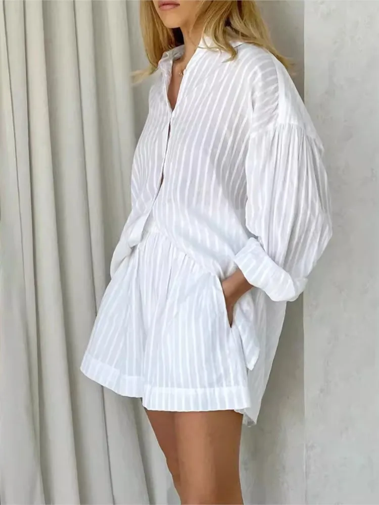 

Spring Summer Casual Solid Cotton Short Two Piece Set Women Stripe Long Sleeve Shirts Shorts 2 Piece Sets Simple Style Lady Suit