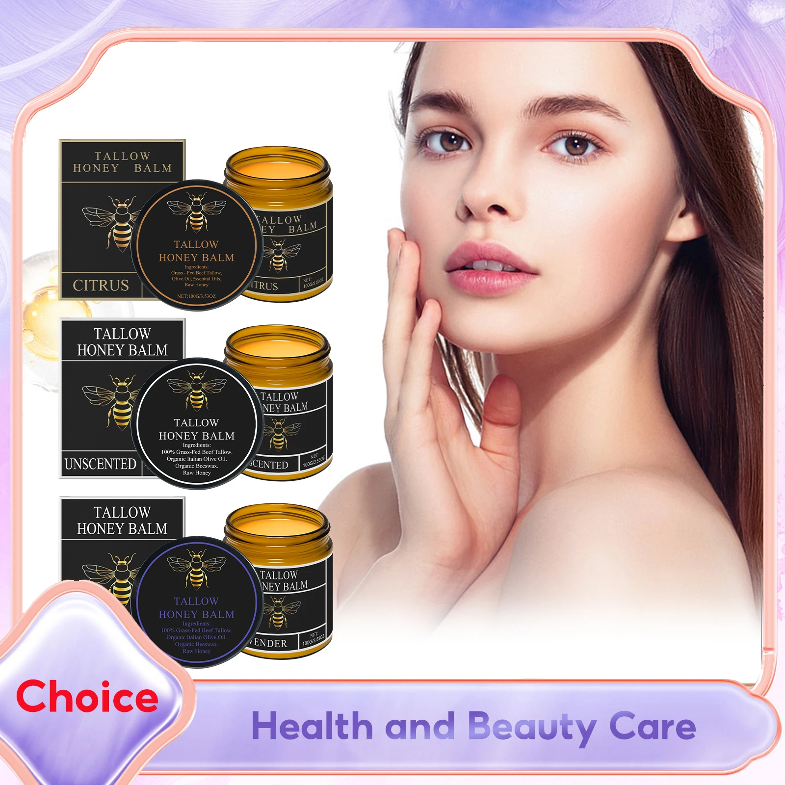 

Organic Grass-Fed Beef Tallow Balm with Raw Honey Soft Smooth Skin Lavender Citrus Whipped Anti-Aging Face Body Moisturize Cream
