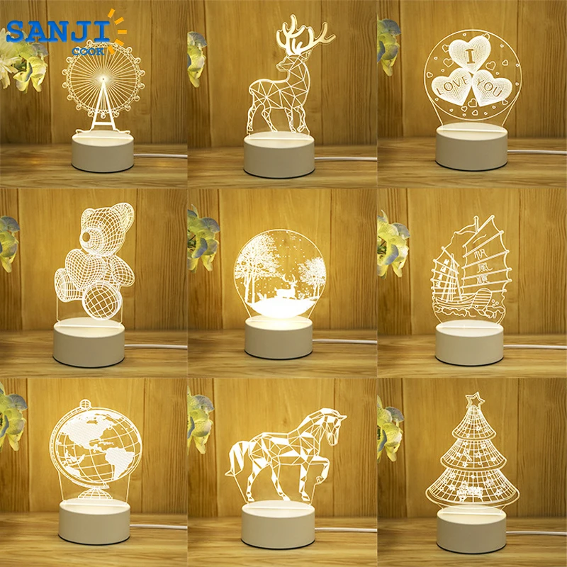 SanjiCook 3D Lamp Acrylic LED Night Lights Dinosaur Bear Deer Love Night Light For Wedding Christmas Birthday Party Decoration