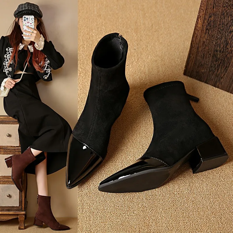 

French Style Suede Boots 2025 Fall Winter New Women's Pointed Toe Heels Chunky Block Heel Slim Fit Ankle