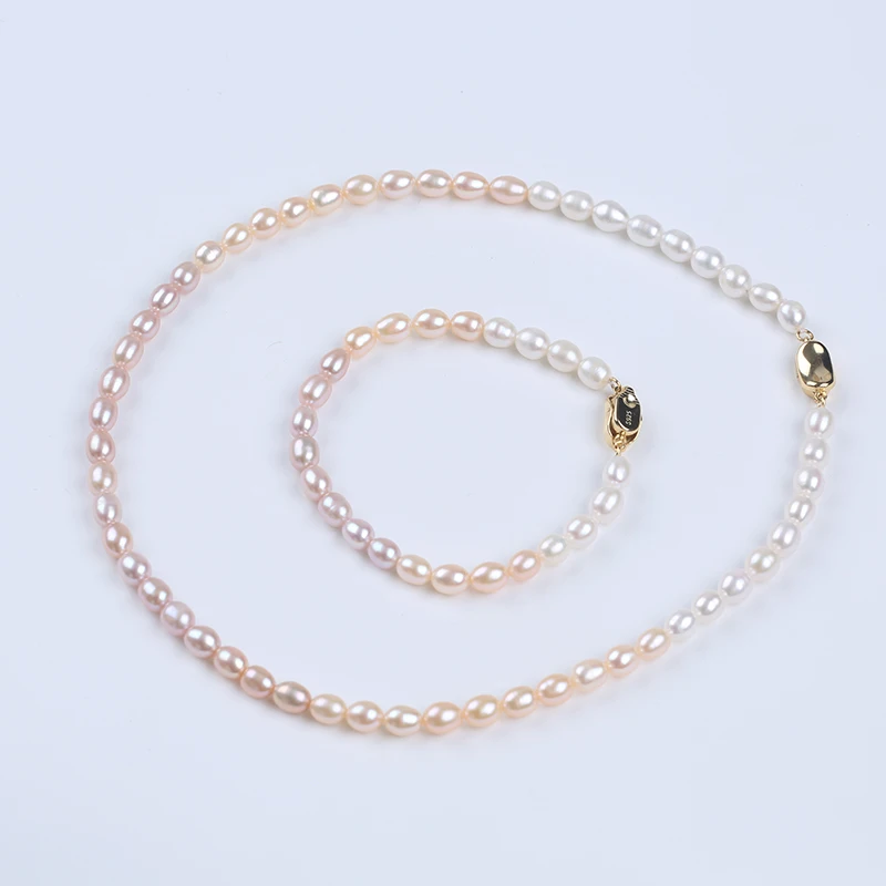 

5-6mm White Pink Purple Rice Shape Freshwater Pearl 925 Silver plated 18K gold Chain 39cm Necklace +17cm Bracelet Jewelry Set