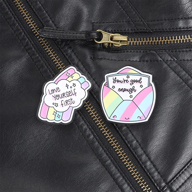 Cloud and Envelope Rainbow Enamel Pin Love Yourself First You're Good Enough Cute Affirmation for Low Mood Days Style