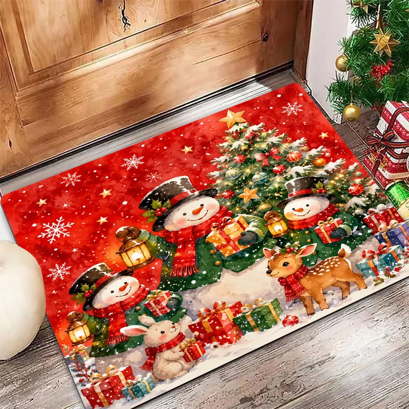 Red Background Snowman Doormat Street Lamp Birch Tree Snowflake Print Entry Floor Mat Christmas Winter Door Home Decoration