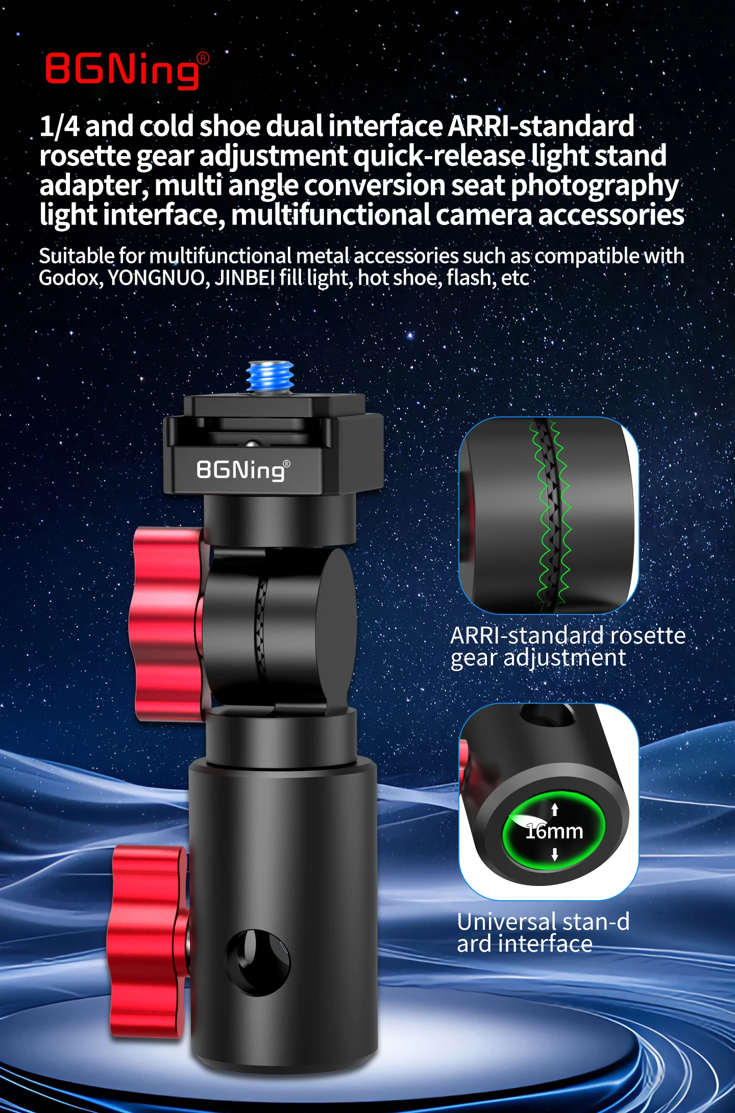 Kamera-Blitzhalterung 16mm Stativhalter Cold Shoe 1/4 Zoll Halterung Regenschirm Speedlite Halter 360° Drehbar Verstellbarer Lichtständer-Adapter – Detail 4