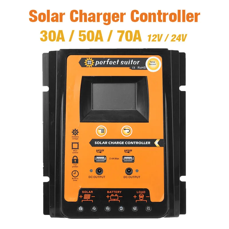 MPPT Solar Charge Controller 12V 24V 30A 50A 70A Solar Controller Solar Panel Battery Regulator Dual USB 5V LCD Display