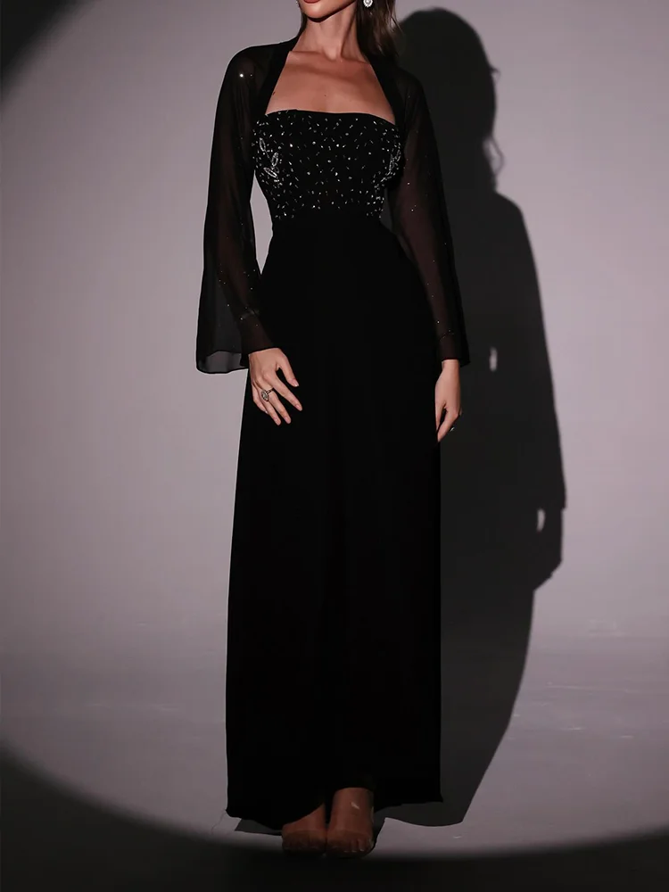 Aenyrst Saudi Arabia Shiny Black Prom Dress Women\'s Bandeau Beaded Party Evening Dresses Ankle Length Special Occasion Gowns