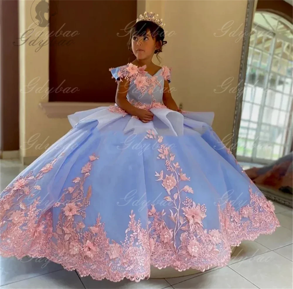 Blue Flower Girl Dresses For Wedding Princess Ball Gown Lace Appliques Off Shoulder V-Neck kids First Communion Gown Customized