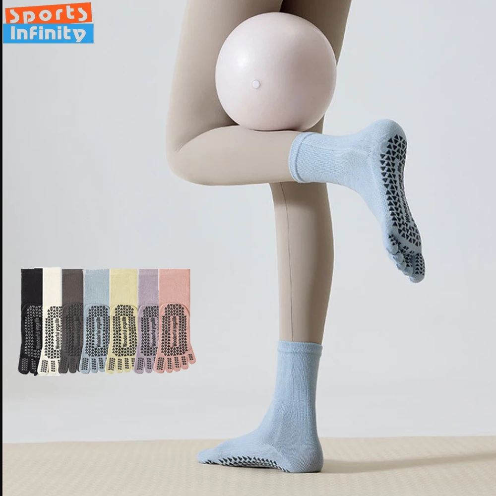 Calcetines de Yoga con punta abierta de cinco dedos para mujer, medias profesionales antideslizantes, Pilates, tubo medio, Yoga, baile, Fitness, deportes