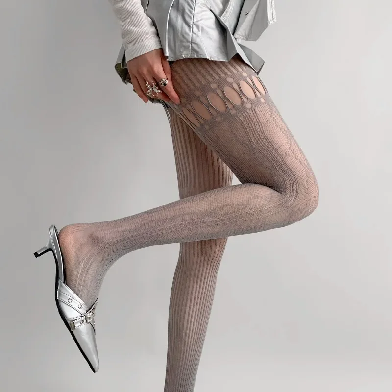 

Spring Summer New Niche Lace Pantyhose Women Grey Hollowed Out Mesh Stockings Y2K Sexy Versatile Girl Ab Style Tights Nightclub