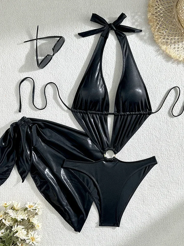 2025 New Summer Swimwear Bikinis Set Sexy Laced Up Hollow Out One Piece Swimsuit 2 Piece Set Women High Waist Solid Beach Bikini