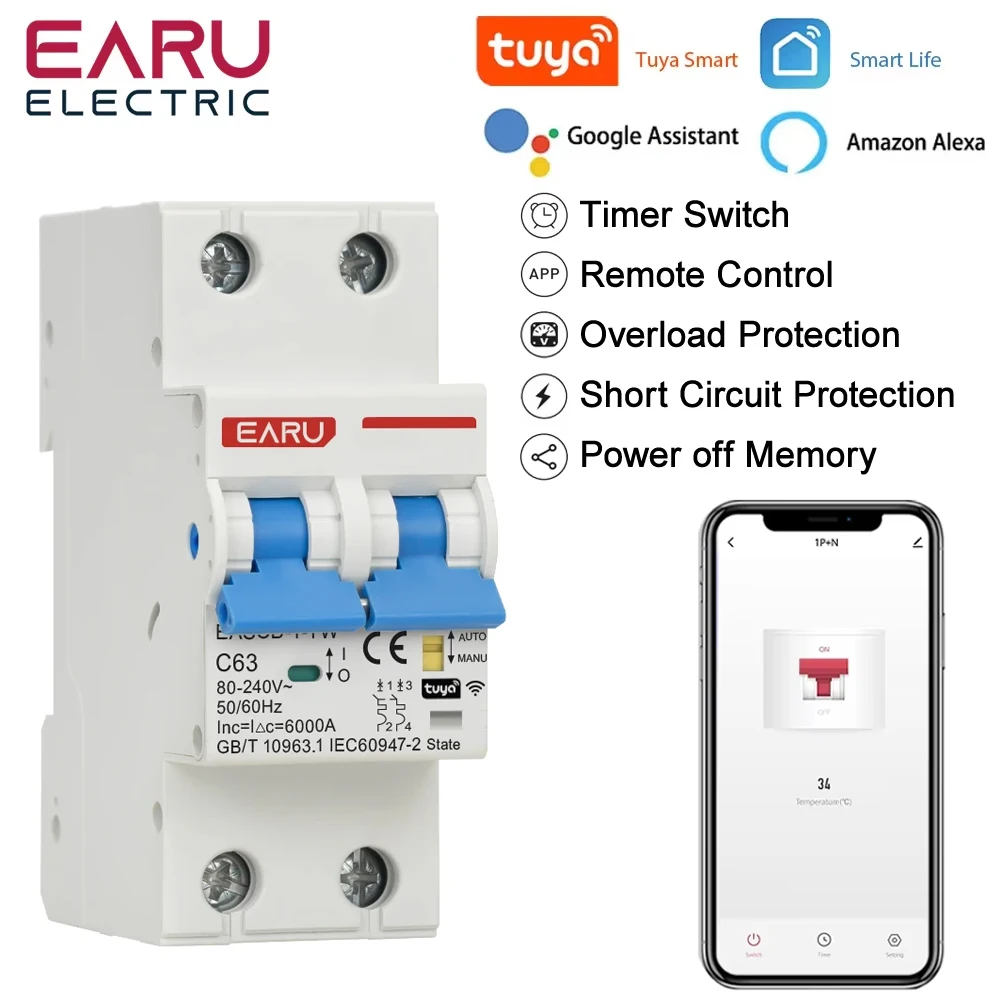 

2P Tuya WiFi Smart Circuit Breaker MCB Timer Relay Switch Remote Control AC 63A 16A Power-off Memory Alexa Google Home Assistant