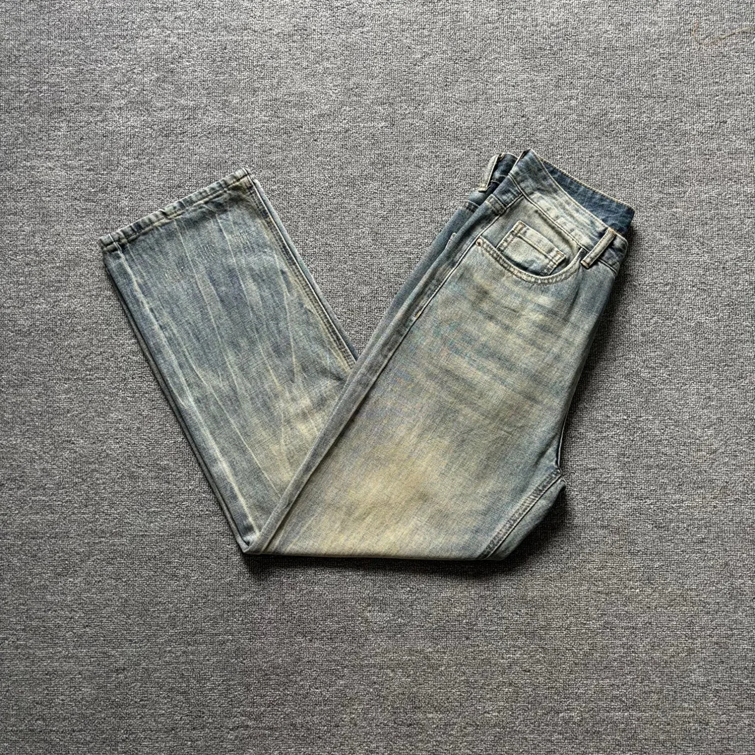 

Men's patterned light blue washed straight jeans retro loose and slim denim trousers