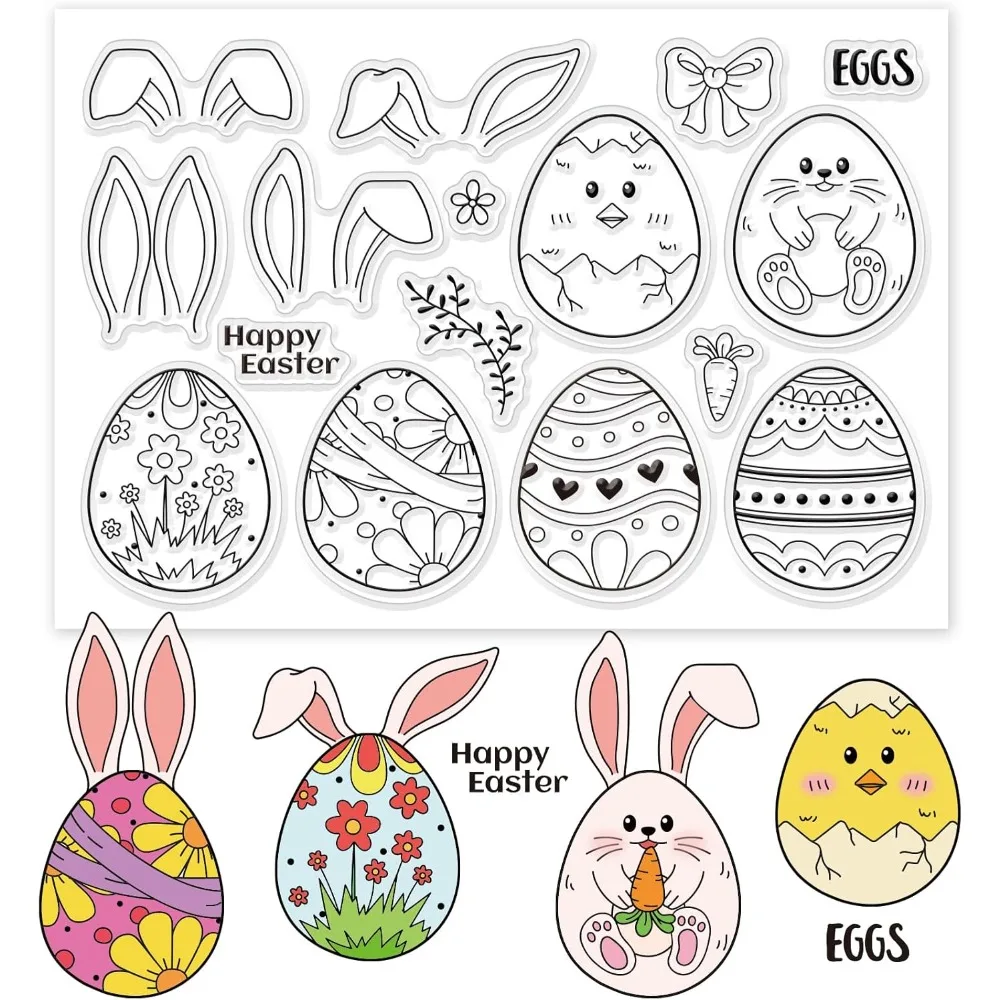 Sellos transparentes de huevo de Pascua, oreja de conejo, pollito, huevos de Pascua felices, sellos transparentes, rama de lazo de flor de zanahoria, 1 ud.