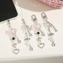 1pcs Fashion Love Pink Bead Bow Lanyard Door Buckle Mobile Phone Strap Key Chain Pendant Key Chain Five-Pointed Star Key Chain