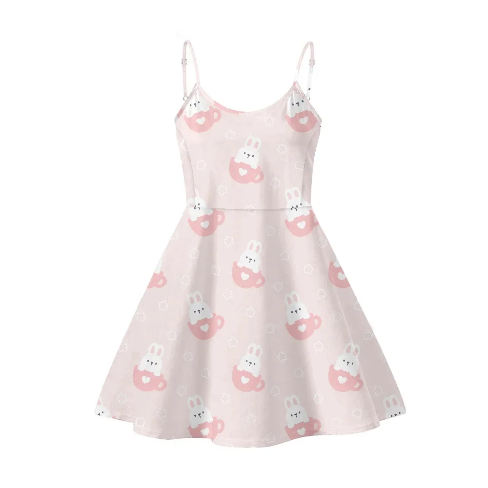 Women's Cute Frog Pattern White Print Sleeveless Sling Dress, Teen Girls Fashion, Weeding Design, Kpop Knee-length Women Dresses