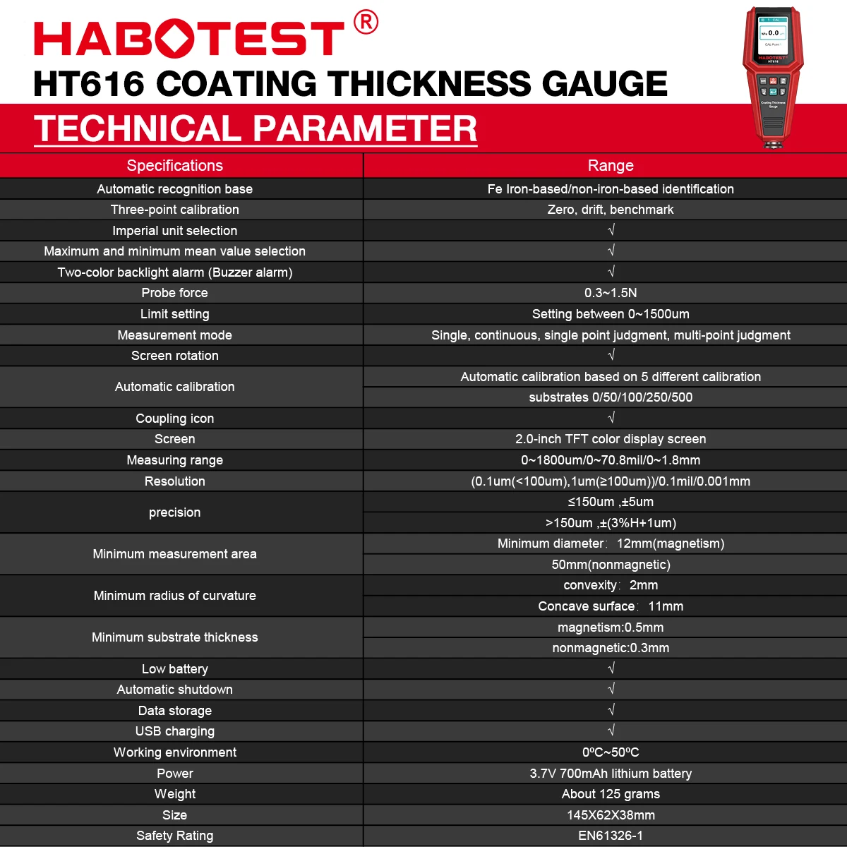 HABOTEST HT616 Car Coating Thickness Gauge 0-1500UM Car Film Paint Thickness Tester Measurement FE/NFE Manual Paint Tool