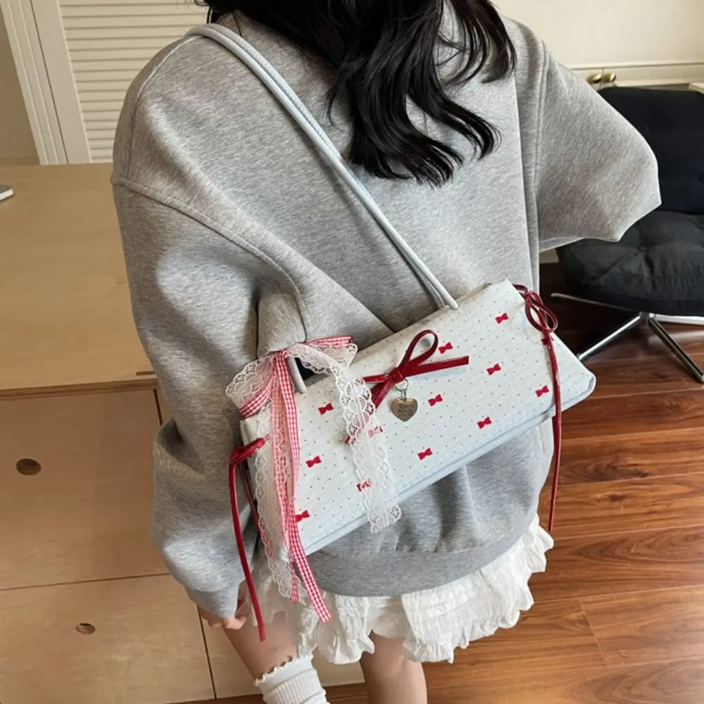 

Sweet French Stick Handbag Ribbon PU Leather Handle Bow Lace Shoulder Bag High Quality Korean Style Y2K Underarm Bag Travel